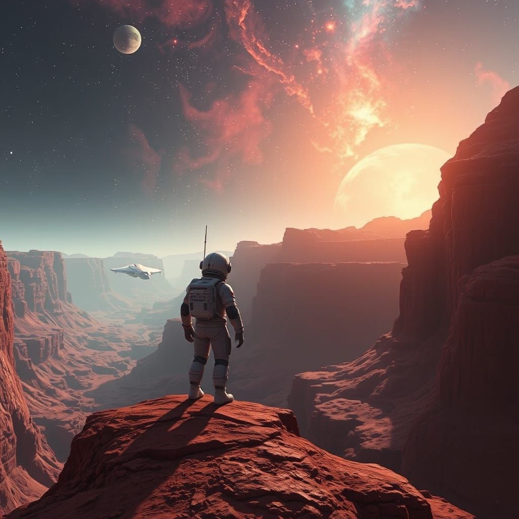 Astronaut on Distant Planet in Sci-Fi Landscape