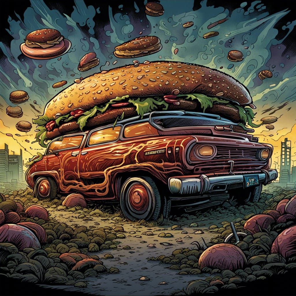 Hamburger Car in Comic Book Art Style