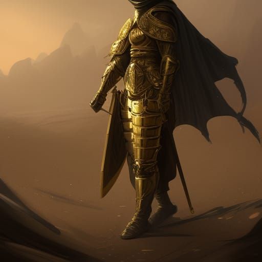Golden Knight in Desert: Dark Fantasy Concept Art