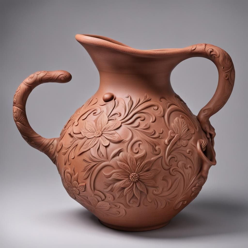 Clay Pitcher with Floral Design and Human-Shaped Handle