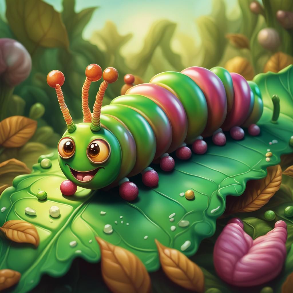 Crying Caterpillar on Leaf in Candy Art Style