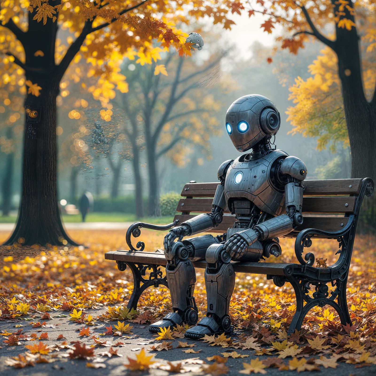 Melancholic Robot on Park Bench Amidst Vibrant Autumn Leaves