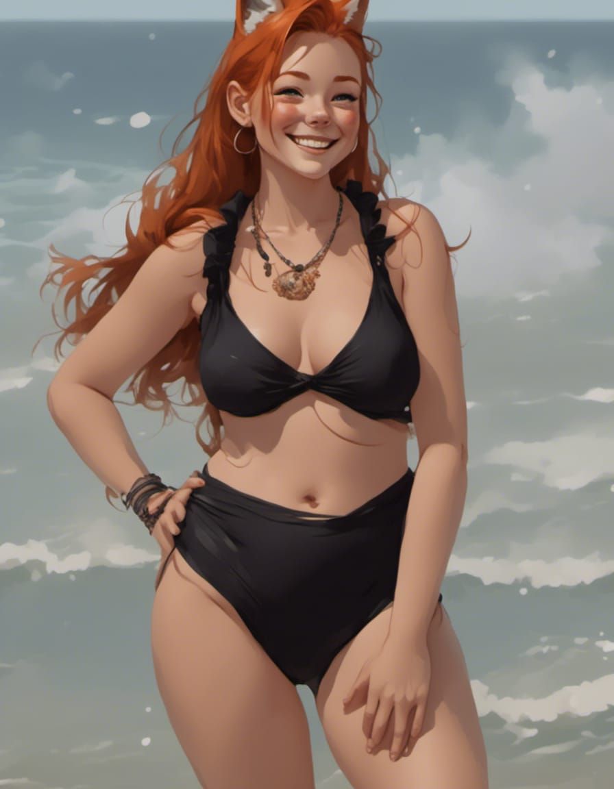 Smiling Adorable Fox-girl VIXEN at the beach.