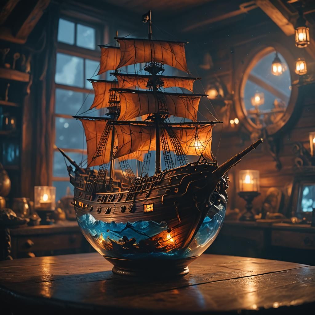 Pirate Ship in Glass Bowl: Cinematic Film Still