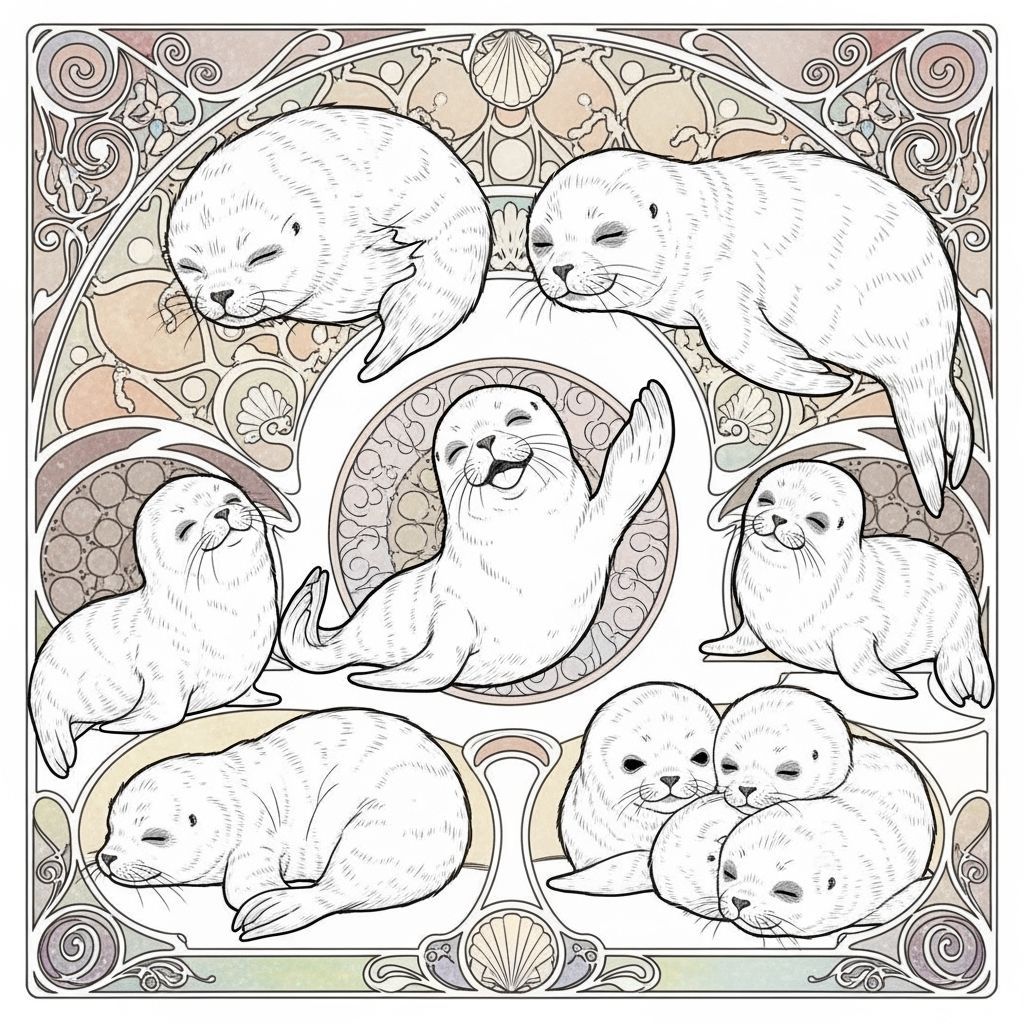 Baby Seals in Art Nouveau Style Illustration