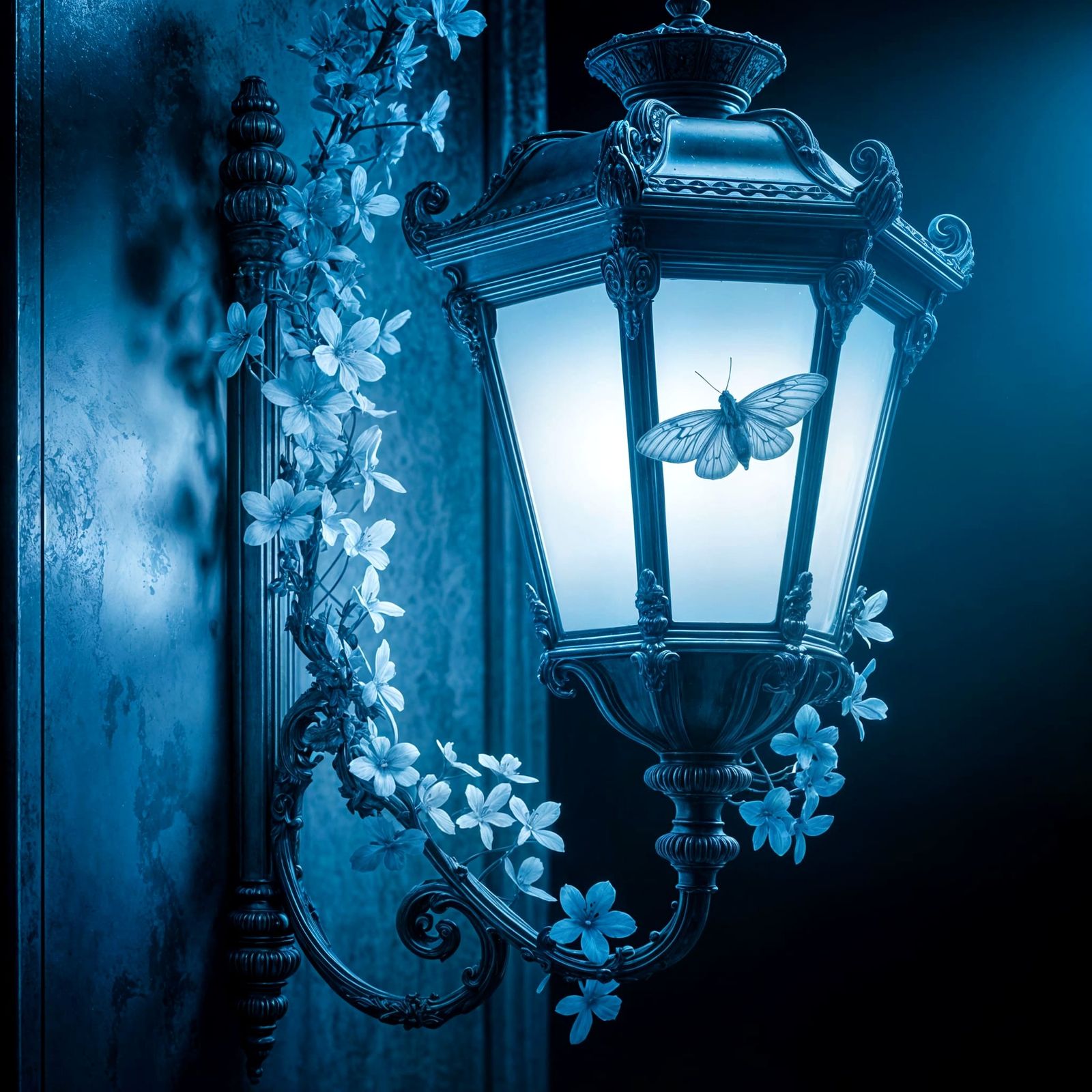 Blue Antique Street Lamp with Flowers and Moth