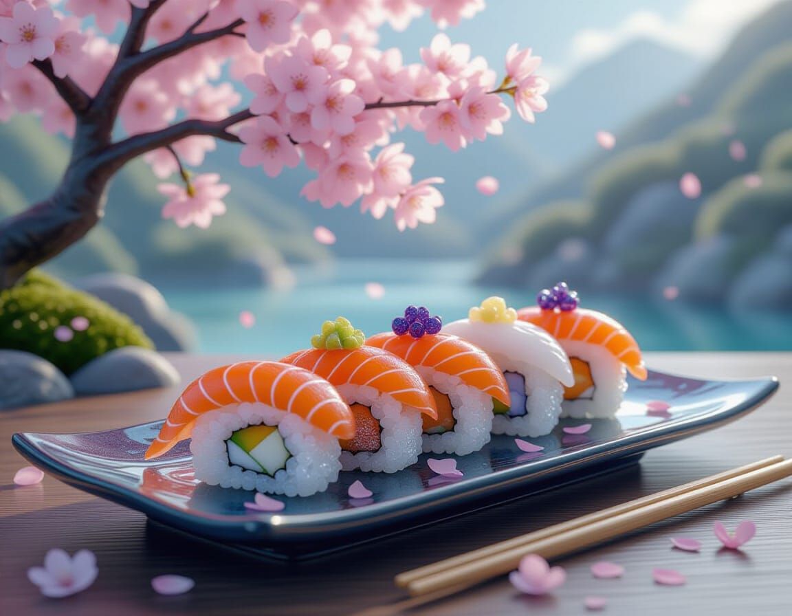 Glass Geode Sushi Under Cherry Blossoms