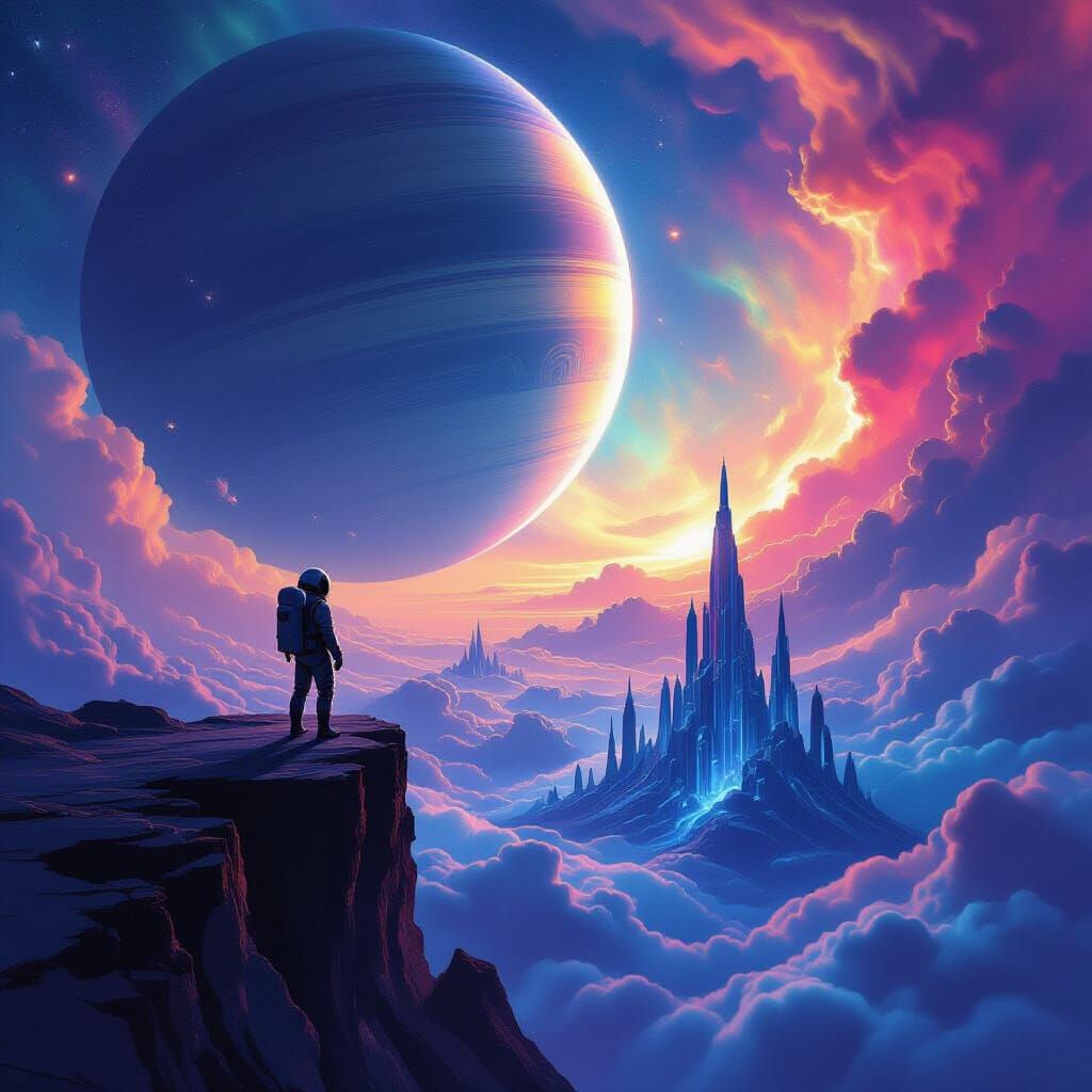 Astronaut on Ringed Planet Over Alien City