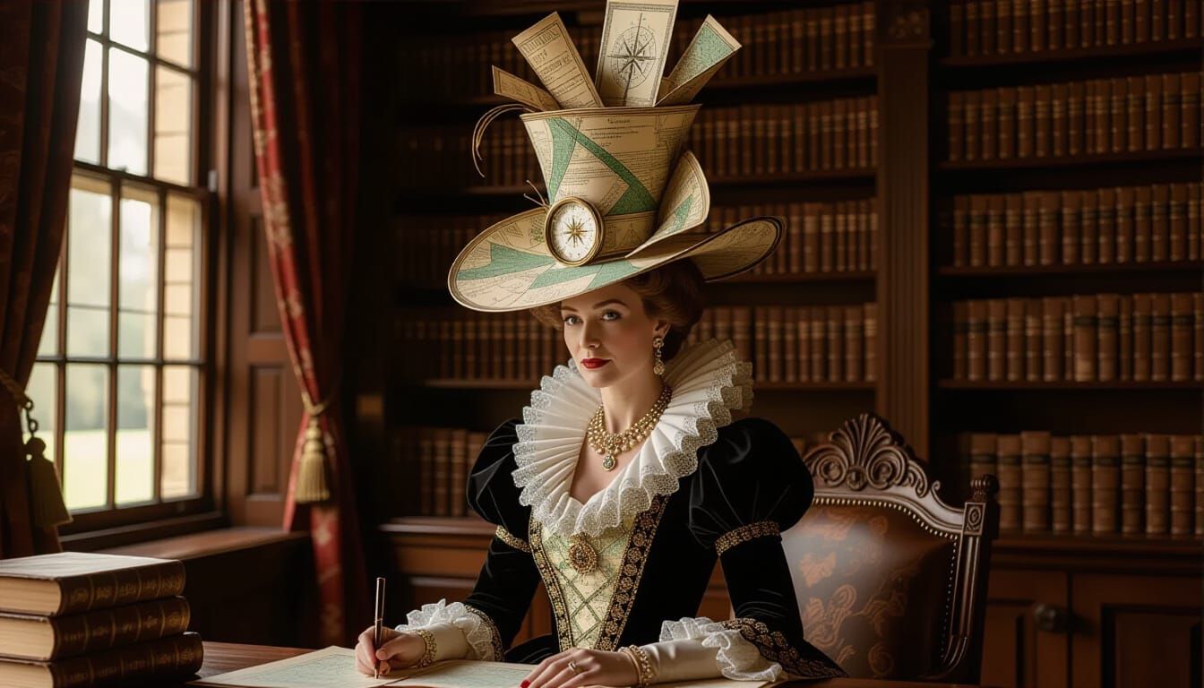 Regal Queen with Vintage Map Hat in Antique Library