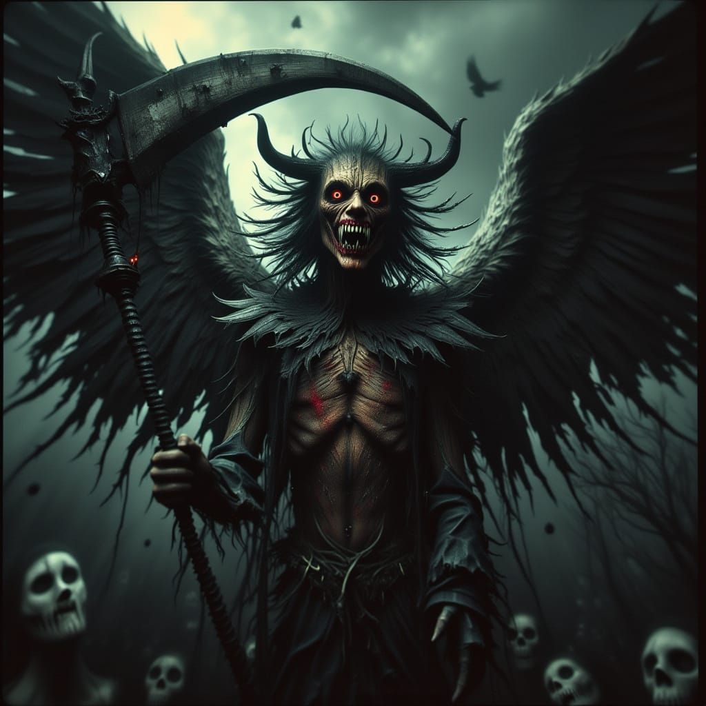 Gothic Angel of Death with Glowing Eyes and Menacing Scythe