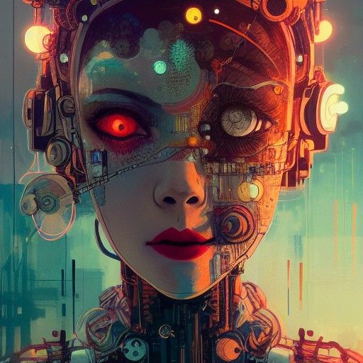 Adorable Cyborg Girl Face Close-up, Matte Painting Style