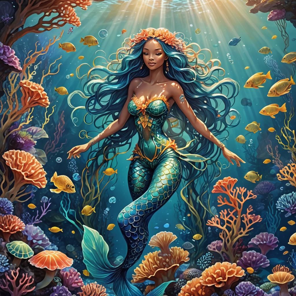 Blue Underwater Realm with Mermaid and Coral Reef