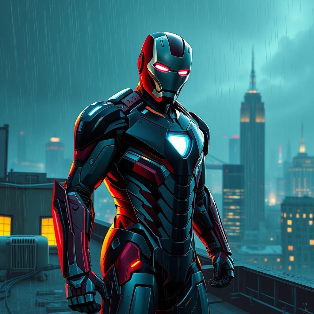 Iron Man on Rooftop in Cyberpunk Tech-Noir Style