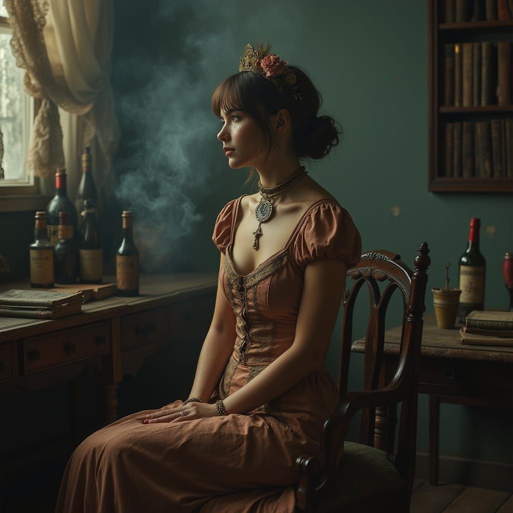 Dieselpunk Woman Surrounded by Books and Wine