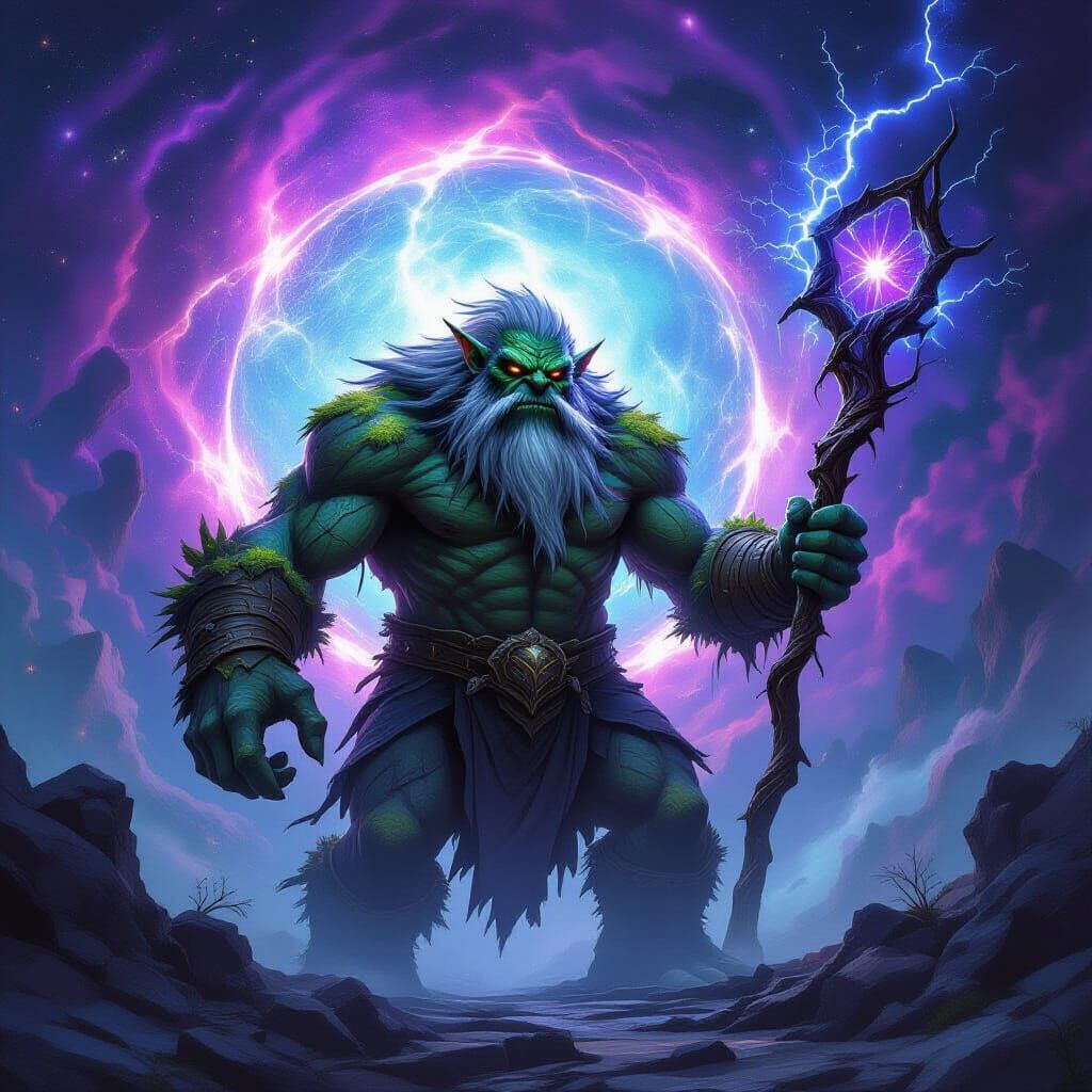 Ancient Troll Guards Cosmic Portal in Dark Fantasy Style