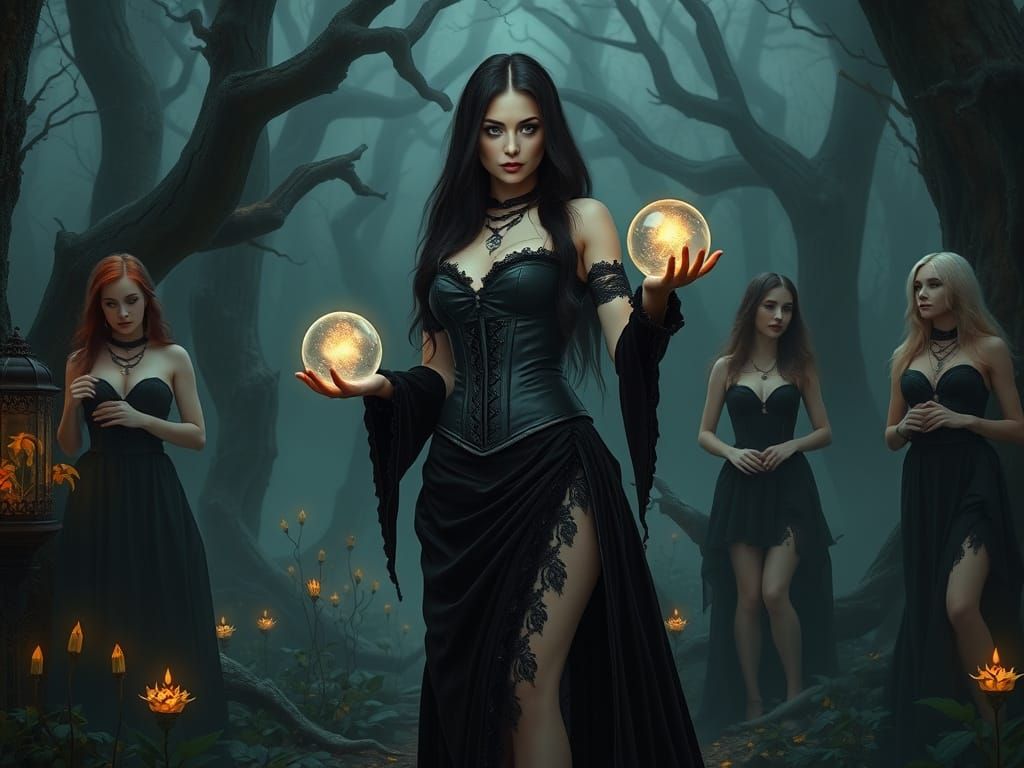 Gothic Sorceress Casting Spell in Misty Forest
