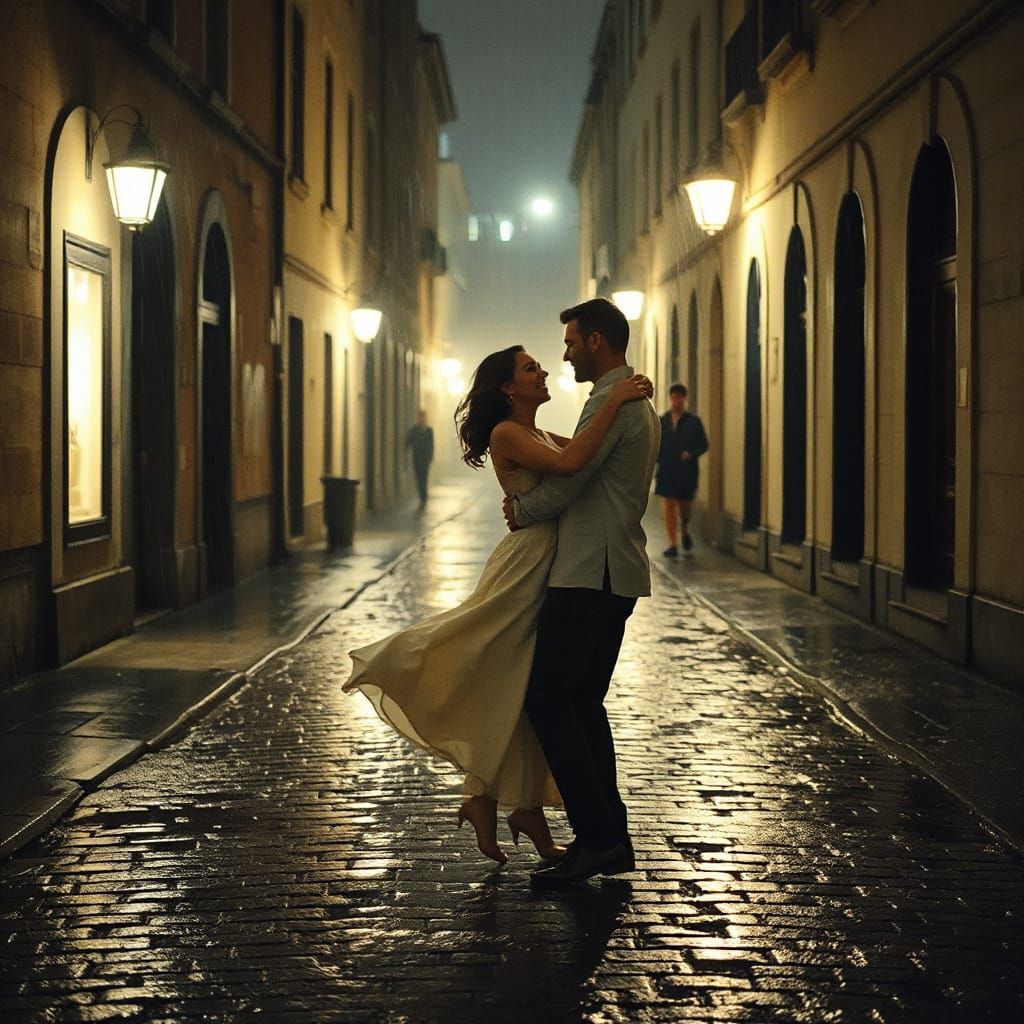Romantic Couple Dancing in Rainy Alleyway