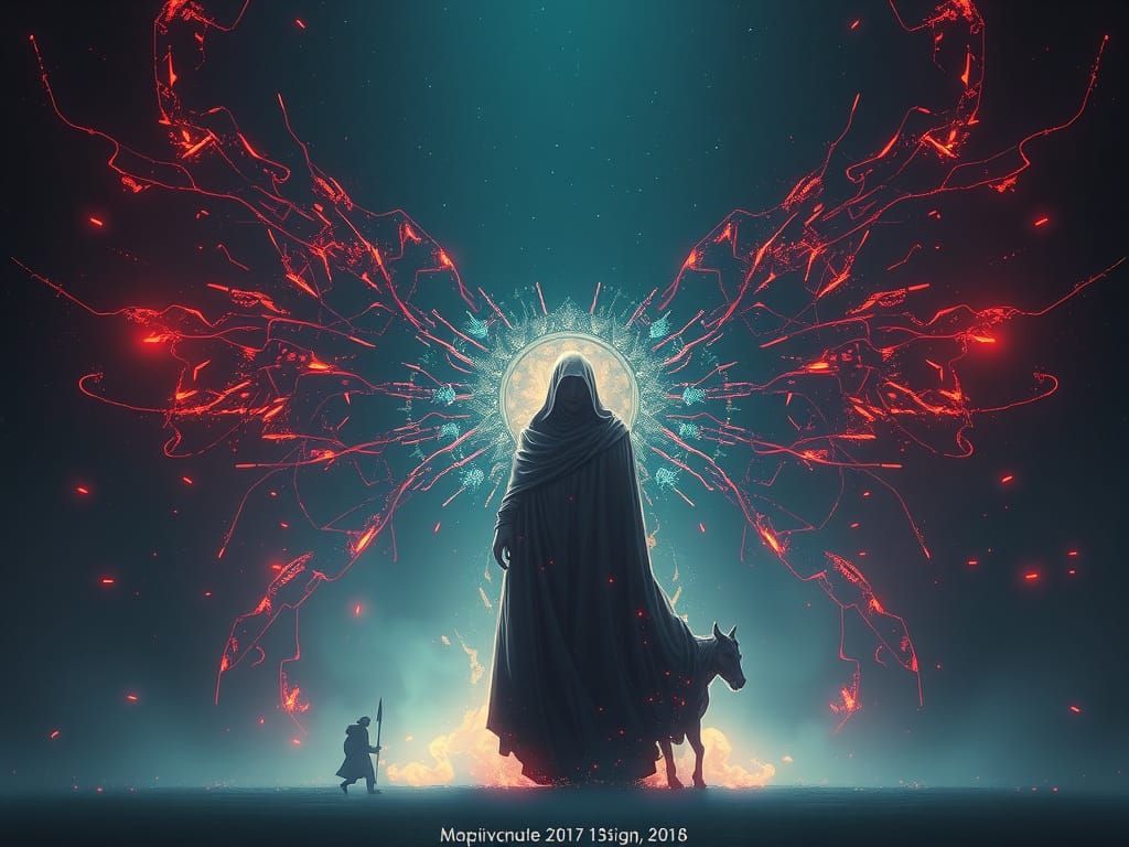 Mystical Figure in Cyberpunk Style Radiating Light