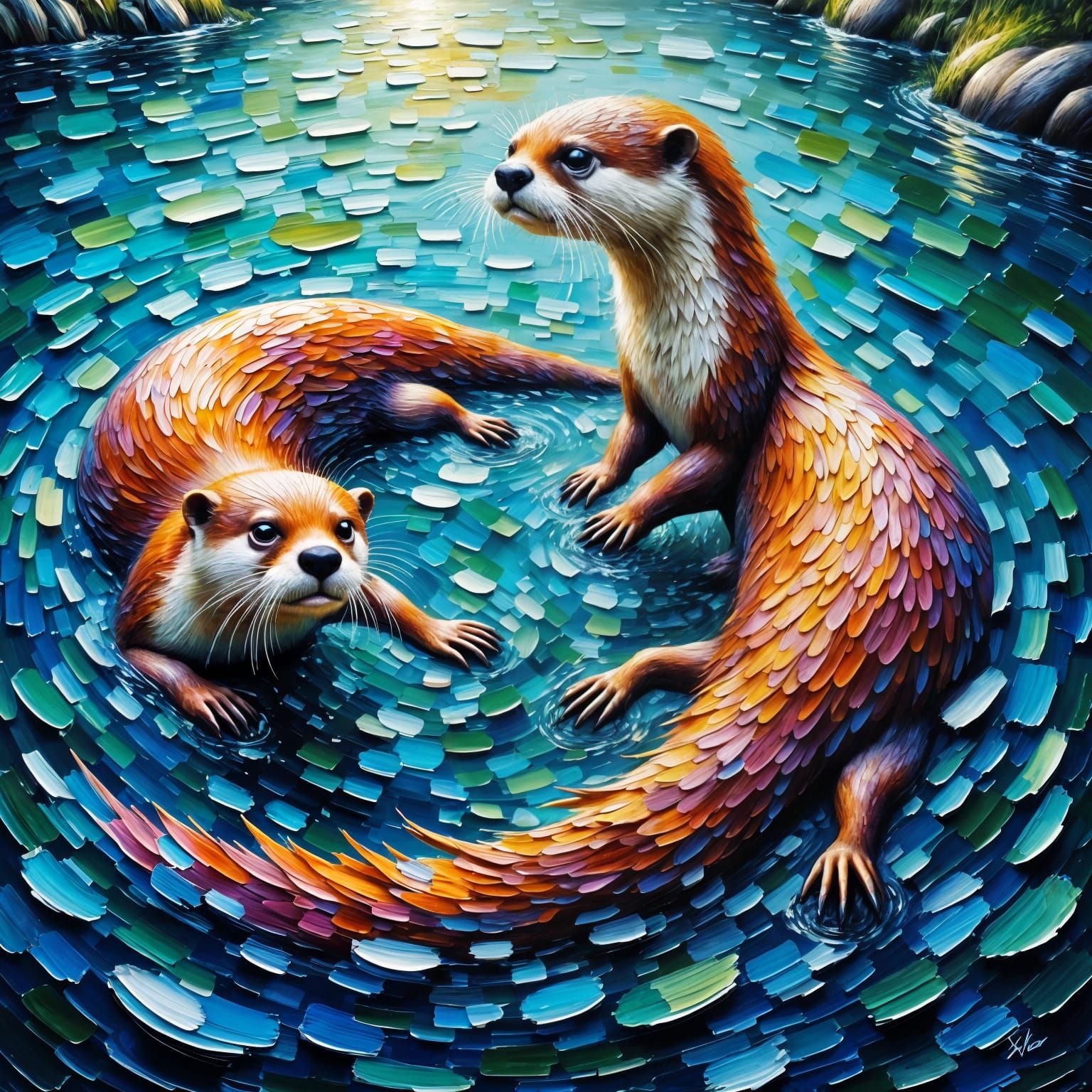 Otters in Neo-Impressionist Oil Painting