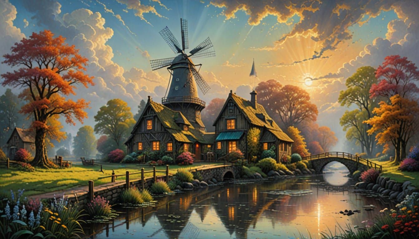 A Dutch Mill Shines in a Sunset-Lit Canal Scene, Classical O...