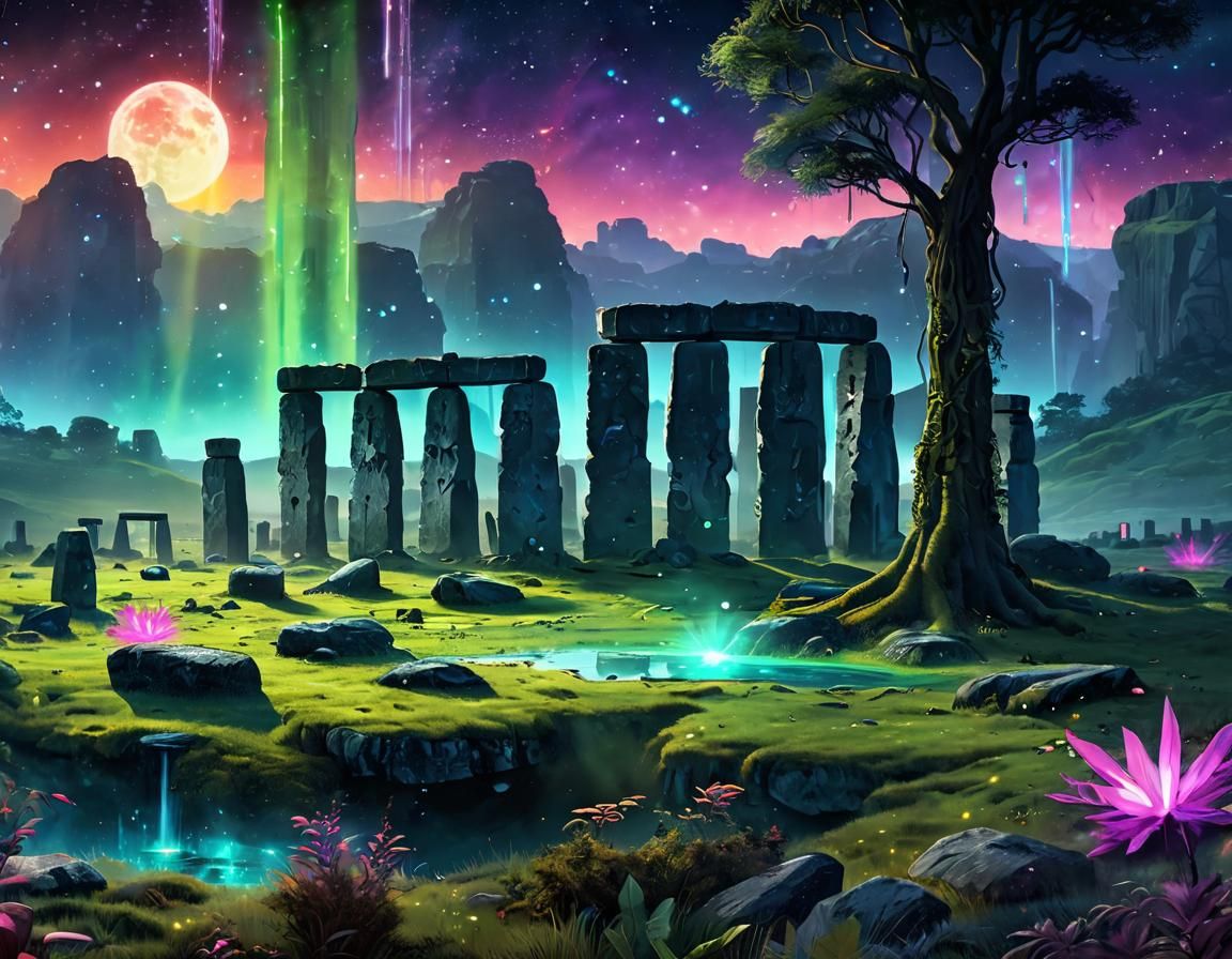 Neon Art Deco Stonehenge in Psychedelic Rainforest
