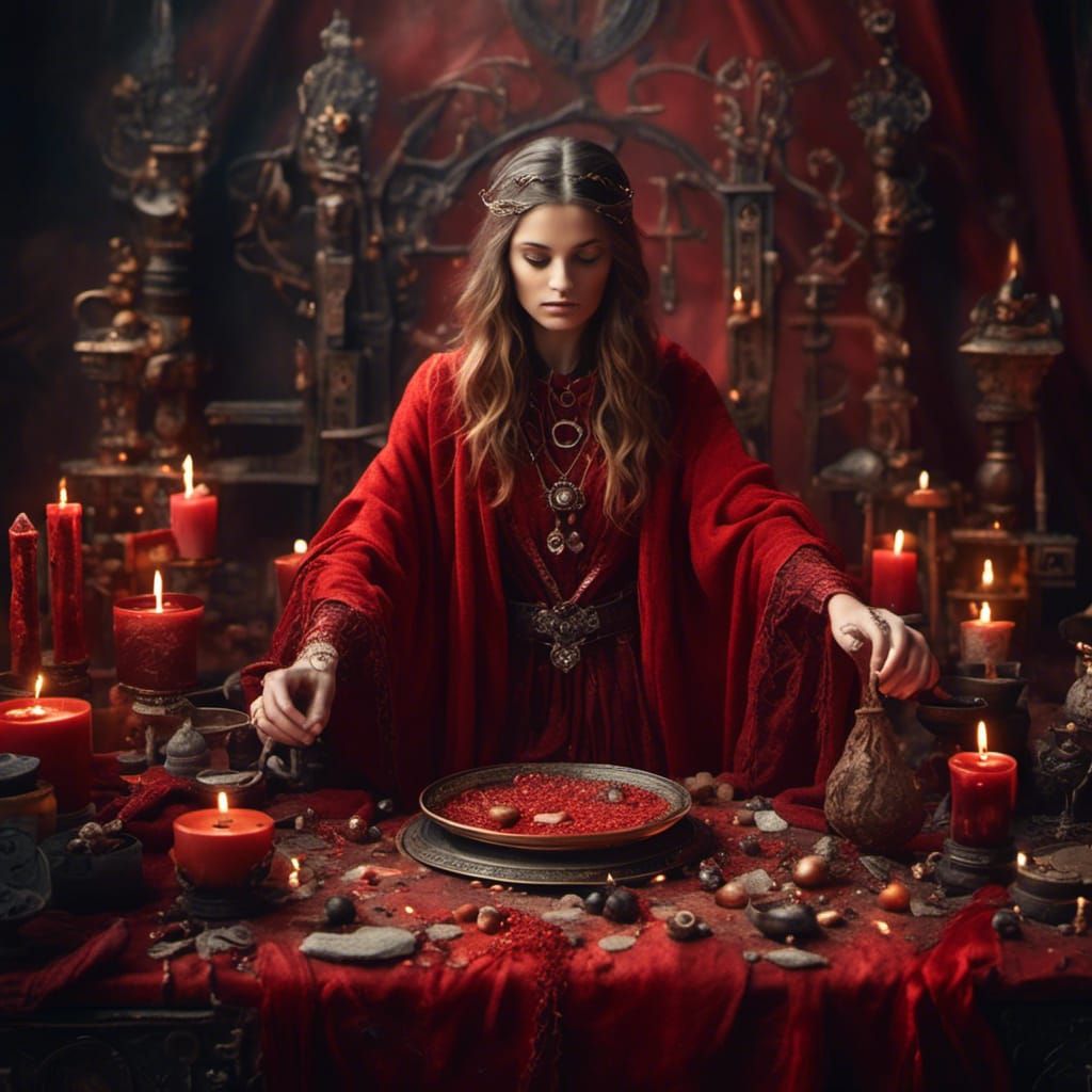Female Wizard Scrying in Hyperrealistic Medieval Chamber