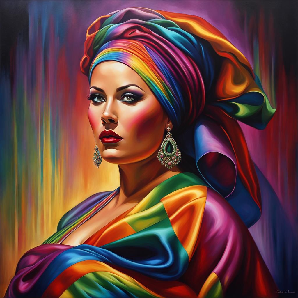Rainbow Satin Portrait: Grimdark Artistic Oil Painting