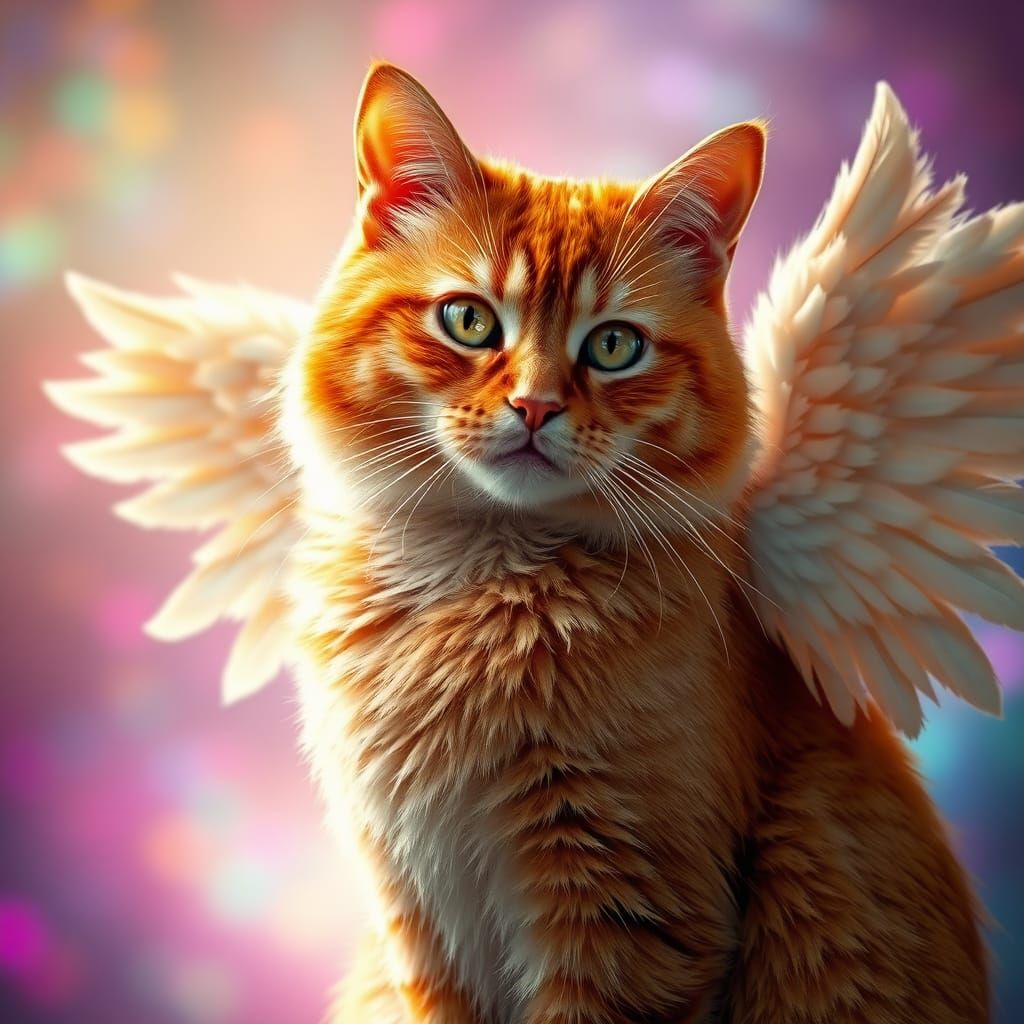 Ginger Cat with Angelic Wings in Vibrant Hyper-Realism