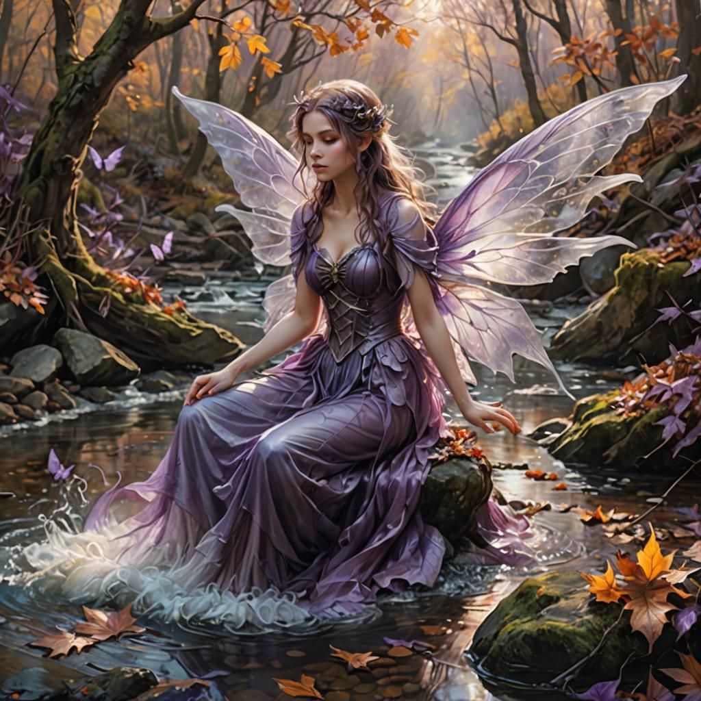 Clothed Fairy with Purple Wings in Autumn Landscape