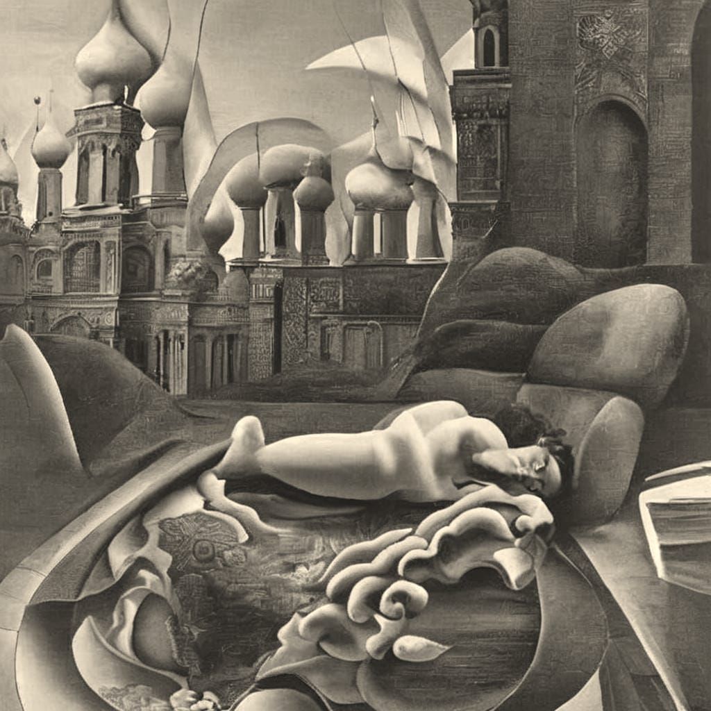 Woman Reclines Before St. Basil's Cathedral in Psychedelic C...