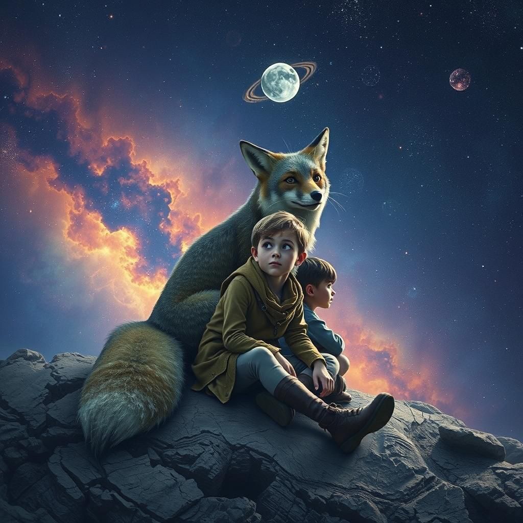 Boy and Fox on Alien Planet Gazing at Galaxy