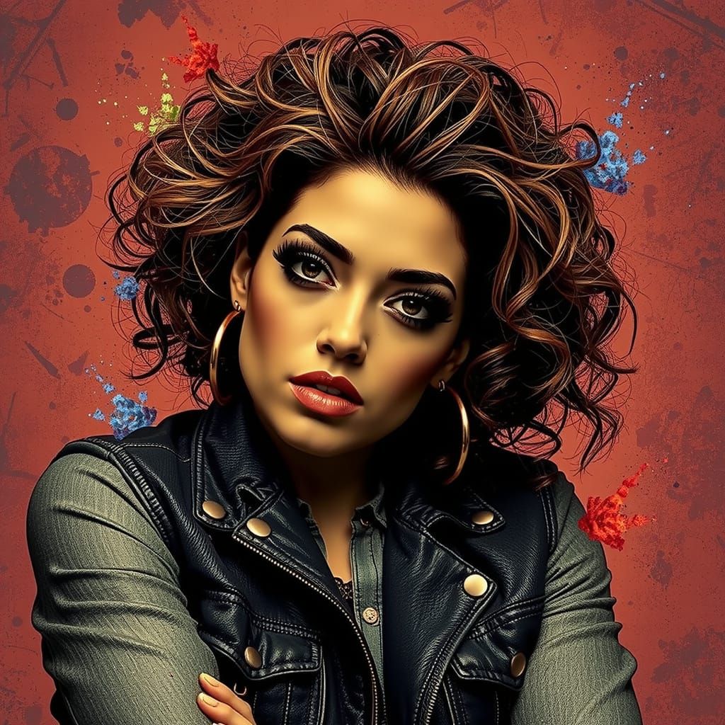 Rough Glamour Woman with Leather Jacket and Defiant Gaze