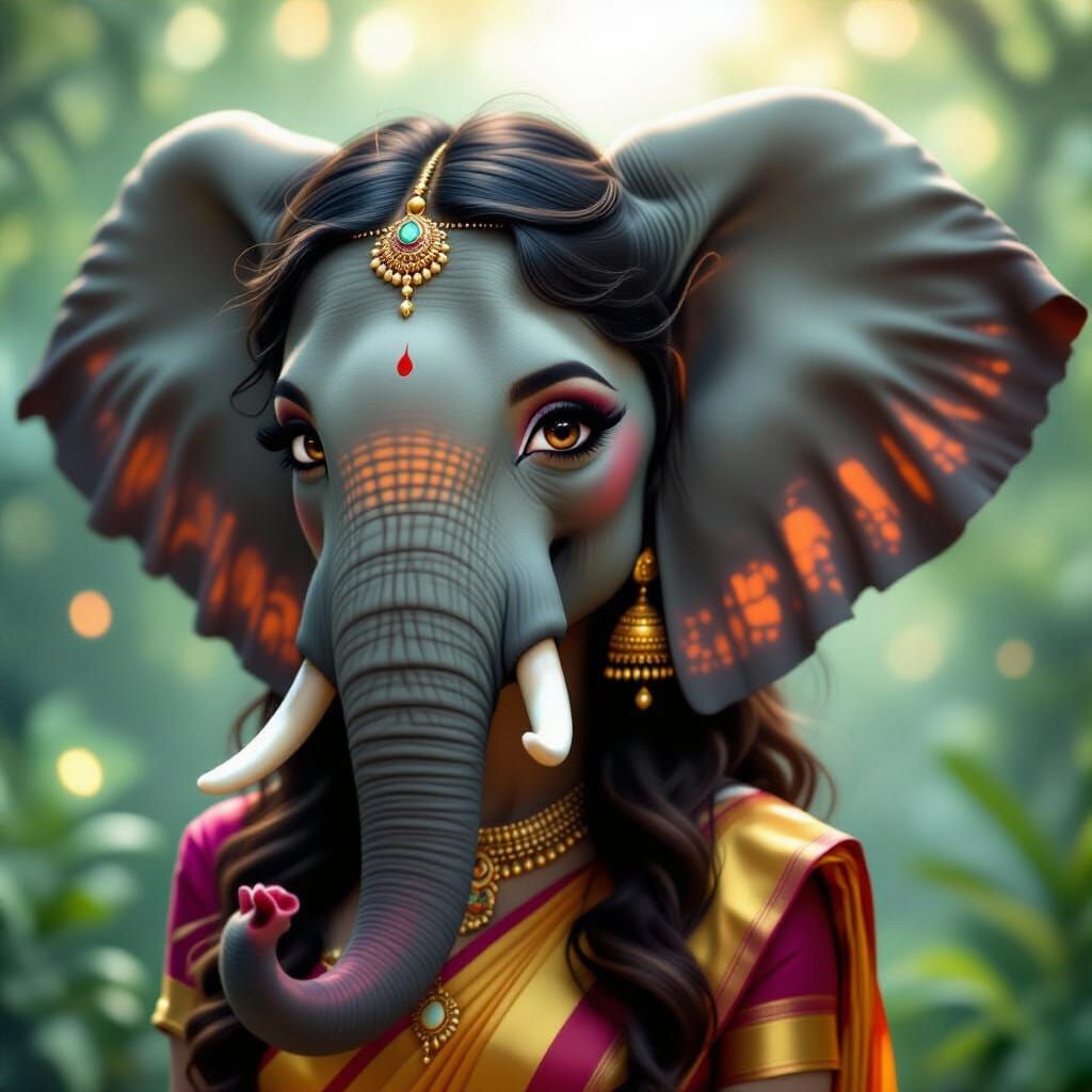 Elegant Elephant-Eared Lady in Joyful Fantasy Scene