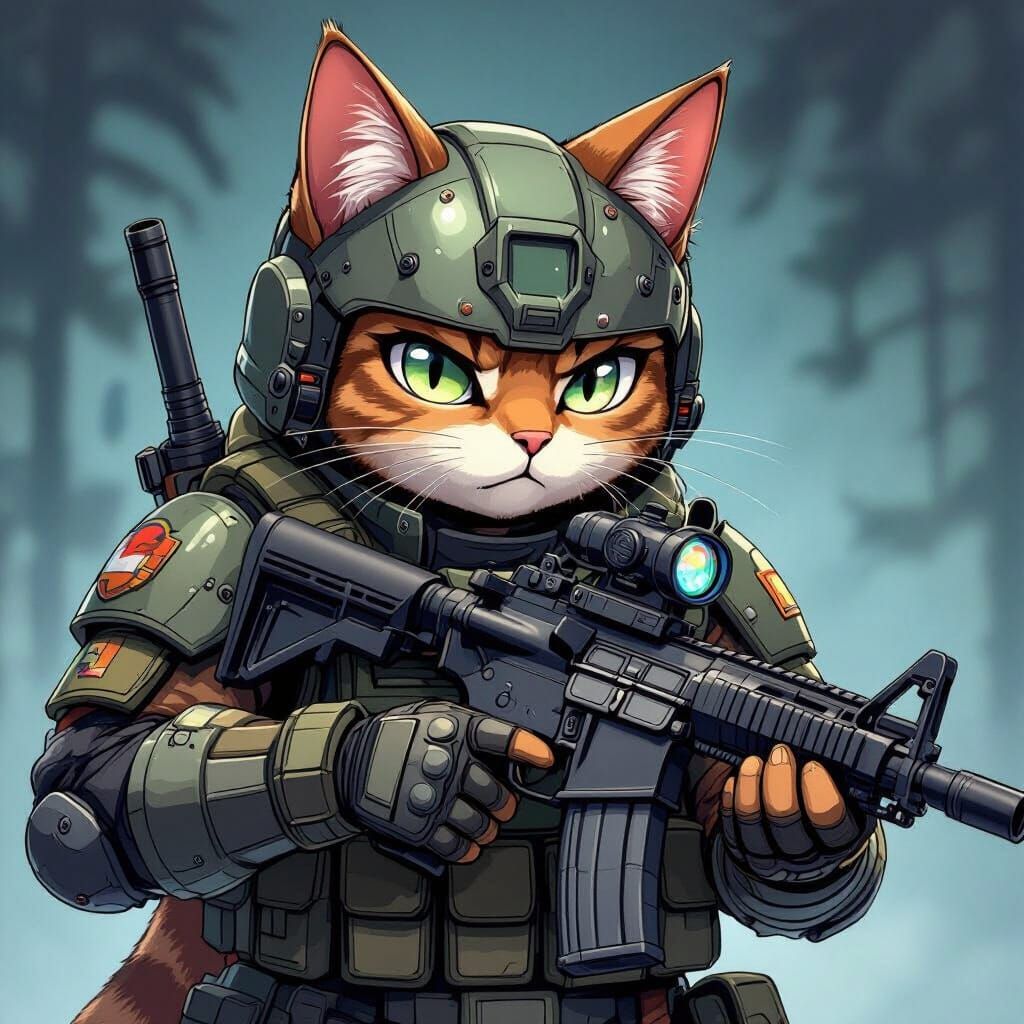 Anime Cat Warrior in Detailed Military Armor with AR-15