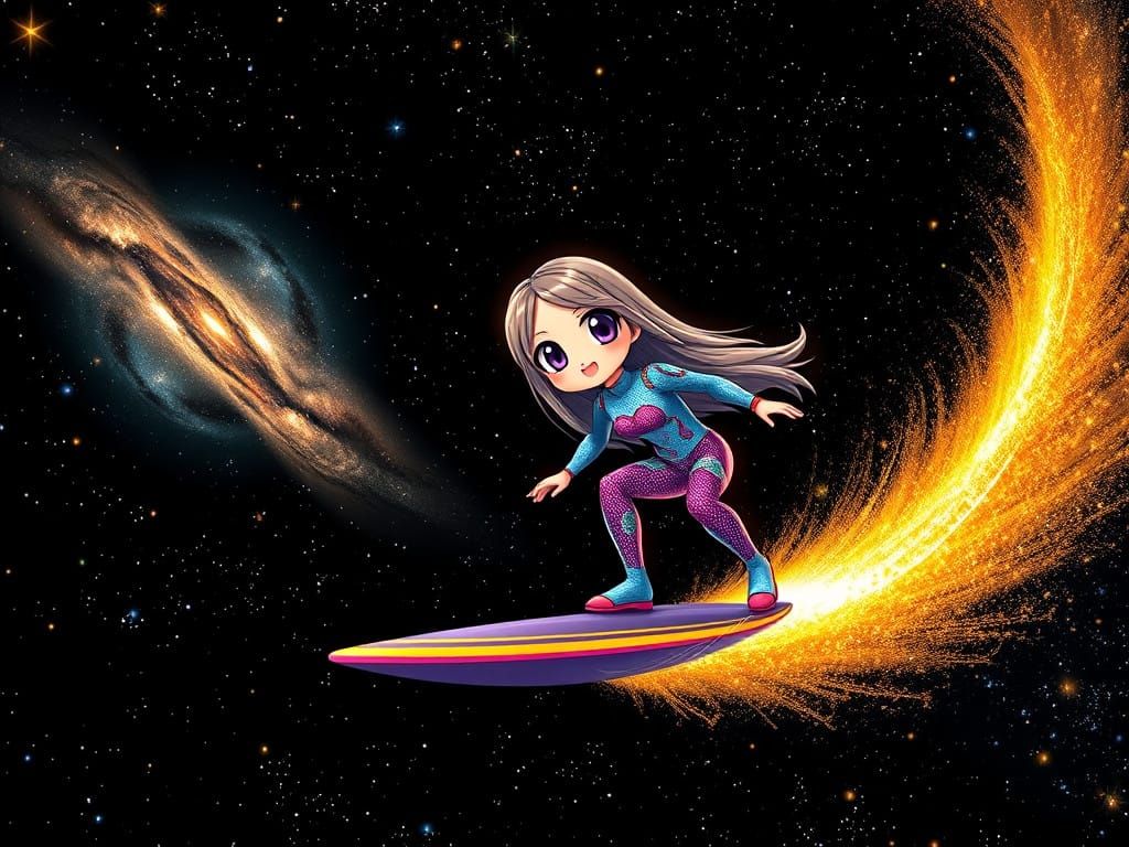 Cosmic Kawaii Surfer Riding Comet's Tail