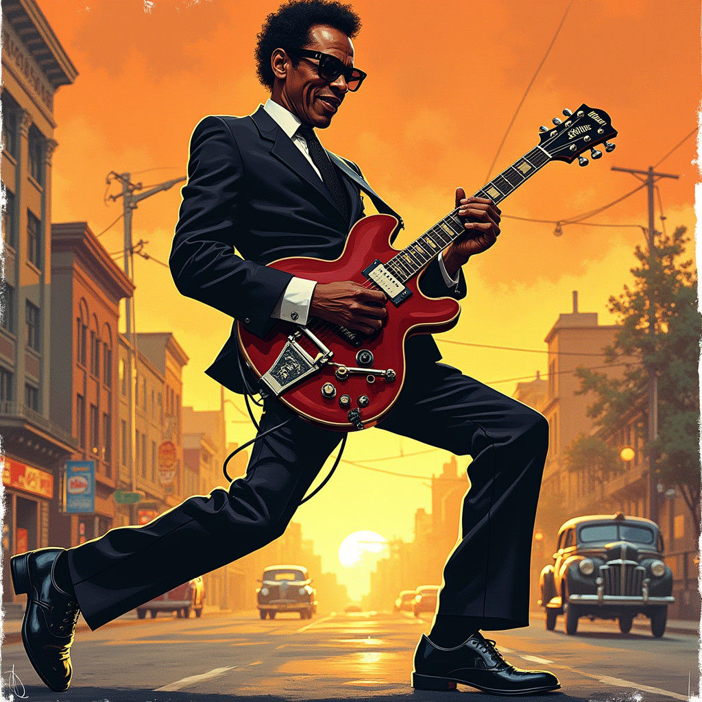Chuck Berry Dances in a Rock 'n' Roll Cityscape