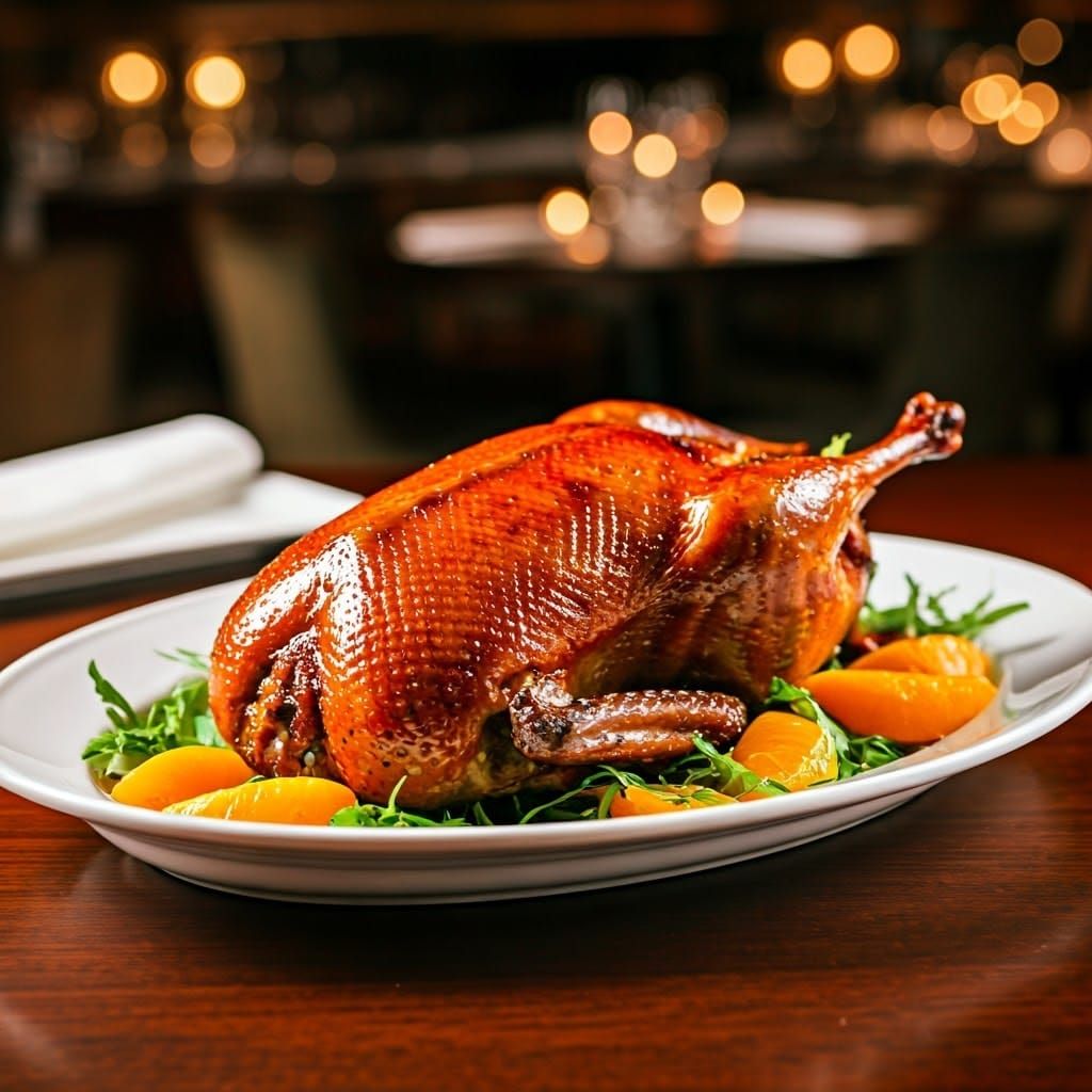 Photo-Realistic Duck a l'Orange in French Restaurant