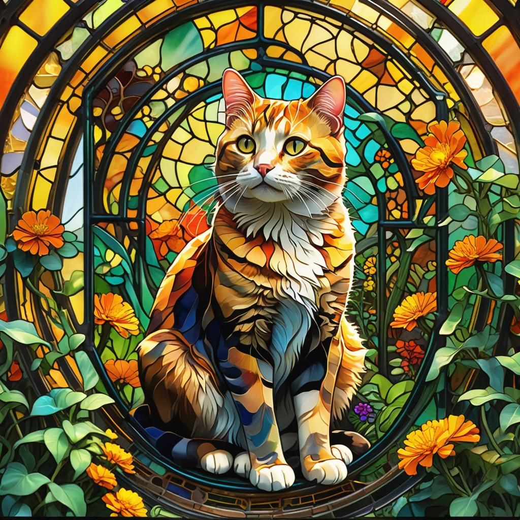 Cat in Art Nouveau Greenhouse with Fractal Glass