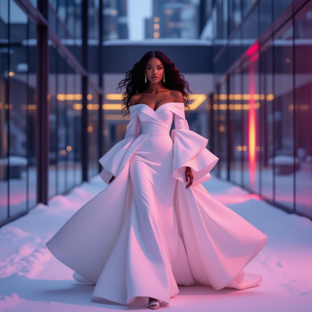 Elegant Woman in White Gown, High-Fashion Photography
