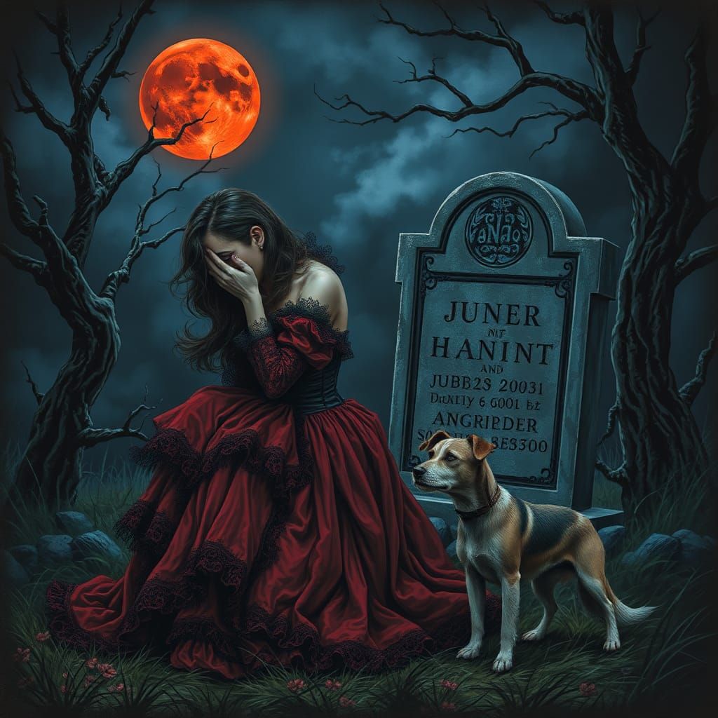 A distraught woman in a flowing, tattered red and black Victorian-style dress, adorned with intricate lace and a corset,...