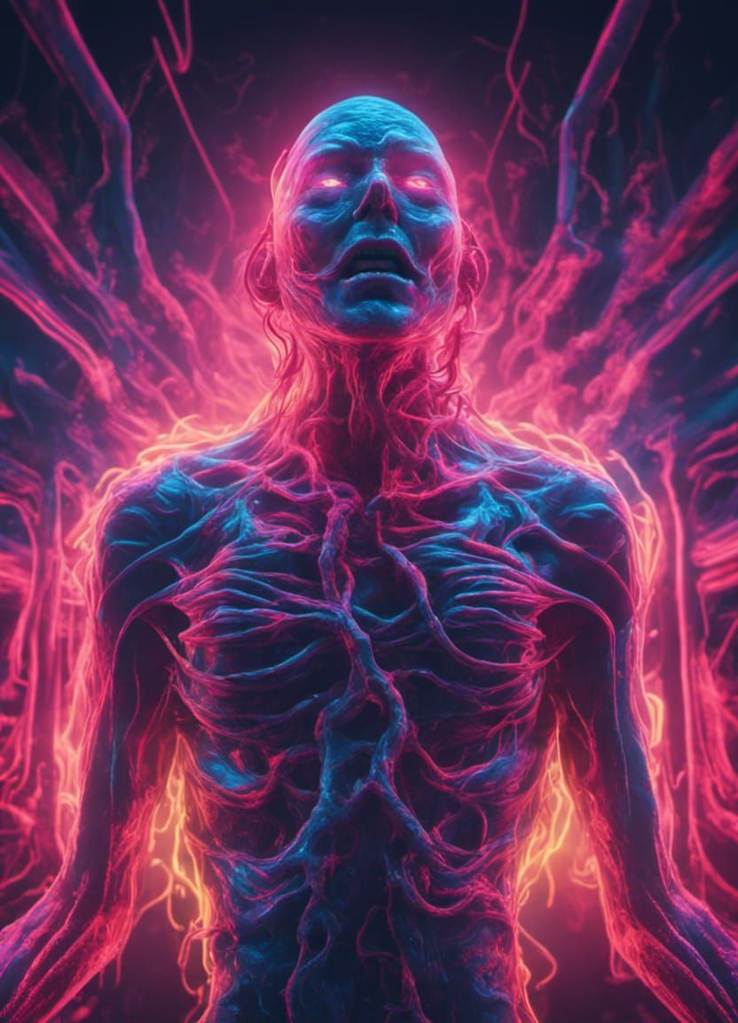 Body Horror Monster in Neon Glitchcore Style