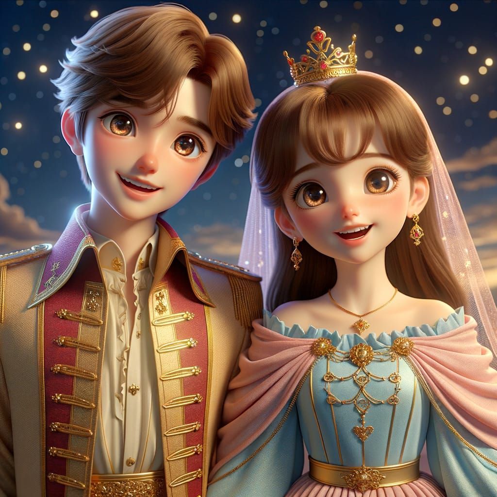 Prince and Princess Laughing Under Stars in 3D Animation Sty...