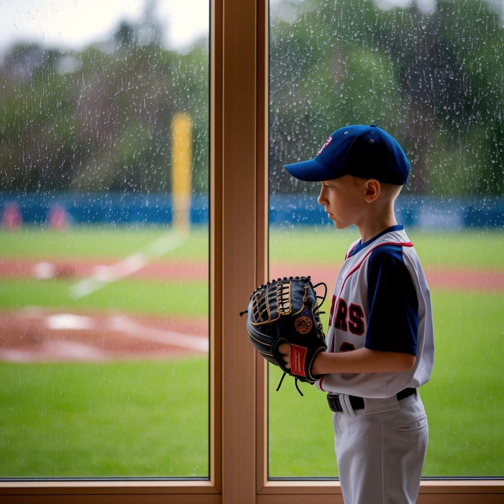 Sad Boy Looks at Rainy Baseball Field