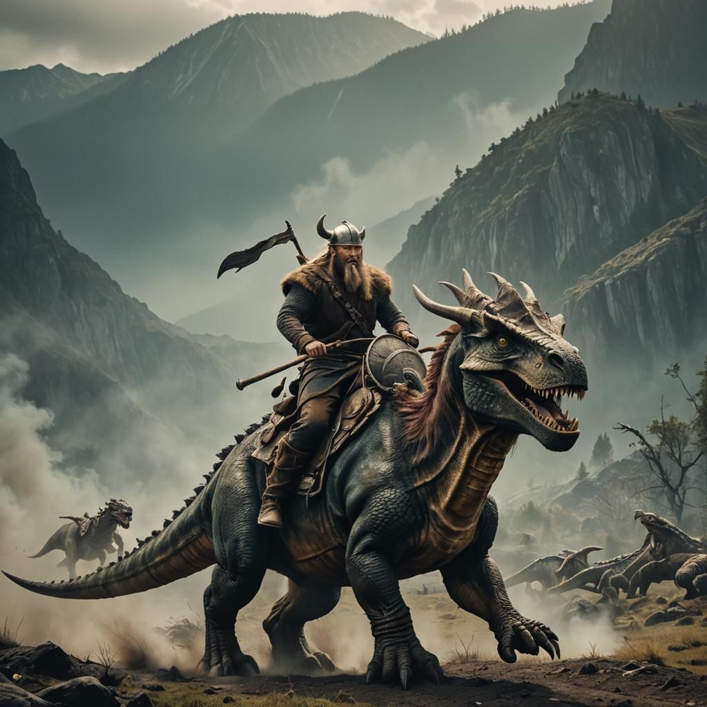 Epic Viking Rides a Dinosaur: Cinematic Film Still