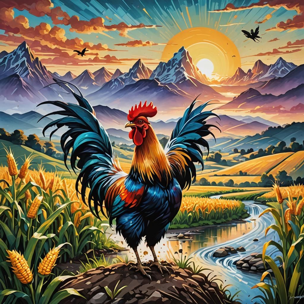 Rooster Crowing at Sunrise in Graffiti Art Style