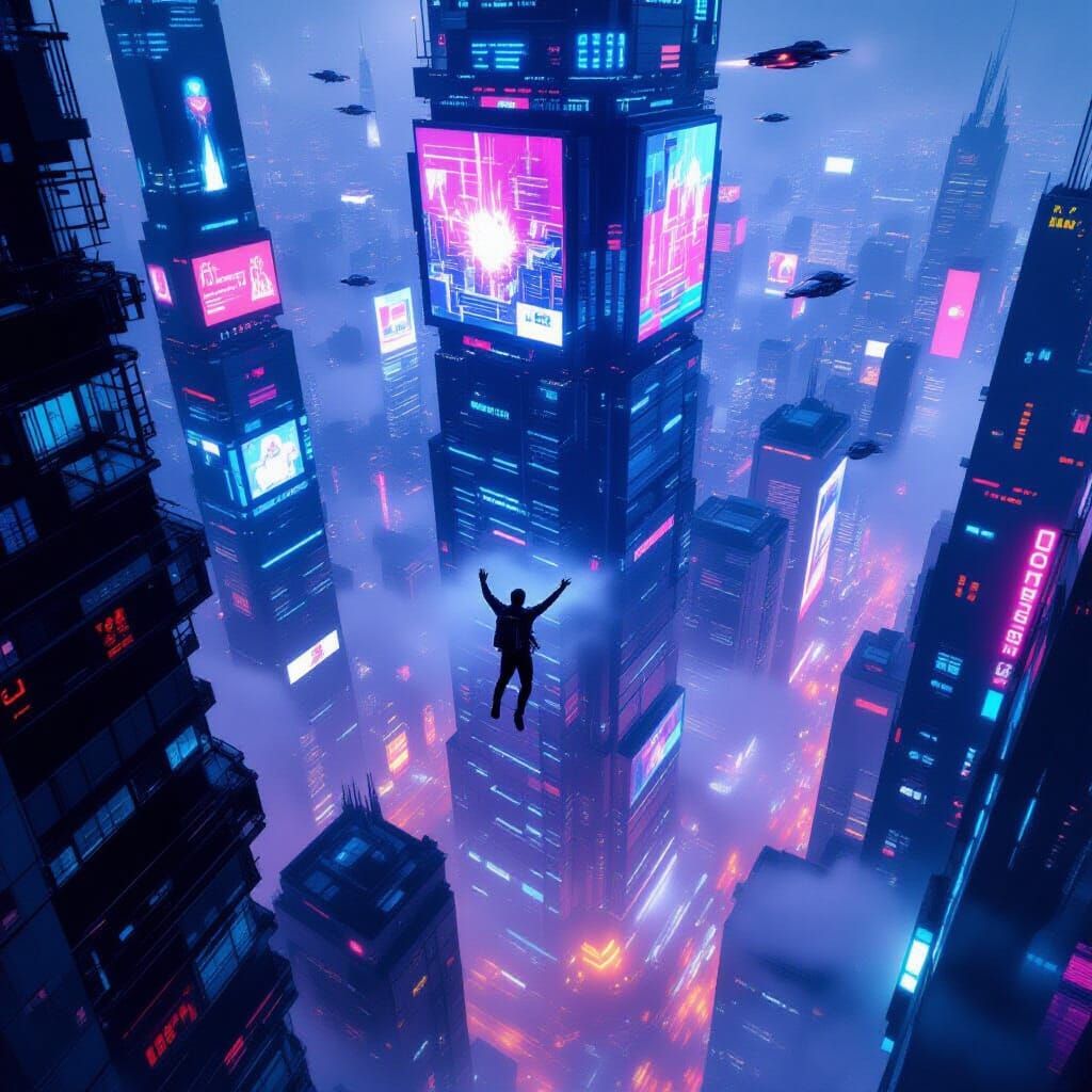 Man Falls From Skyscraper In Neon Cyberpunk Metropolis