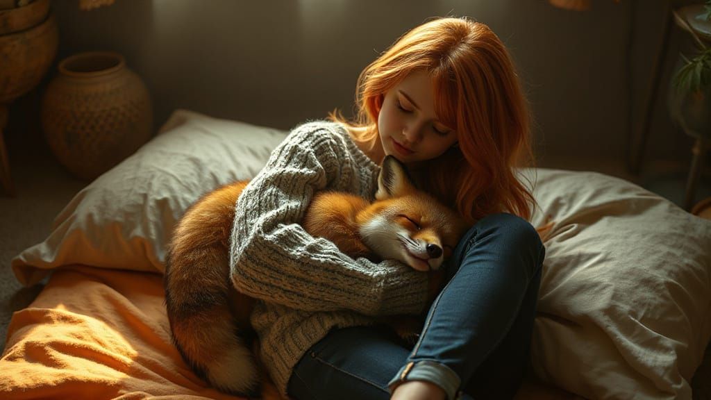 Redhead Cradling Fox in Anime Style