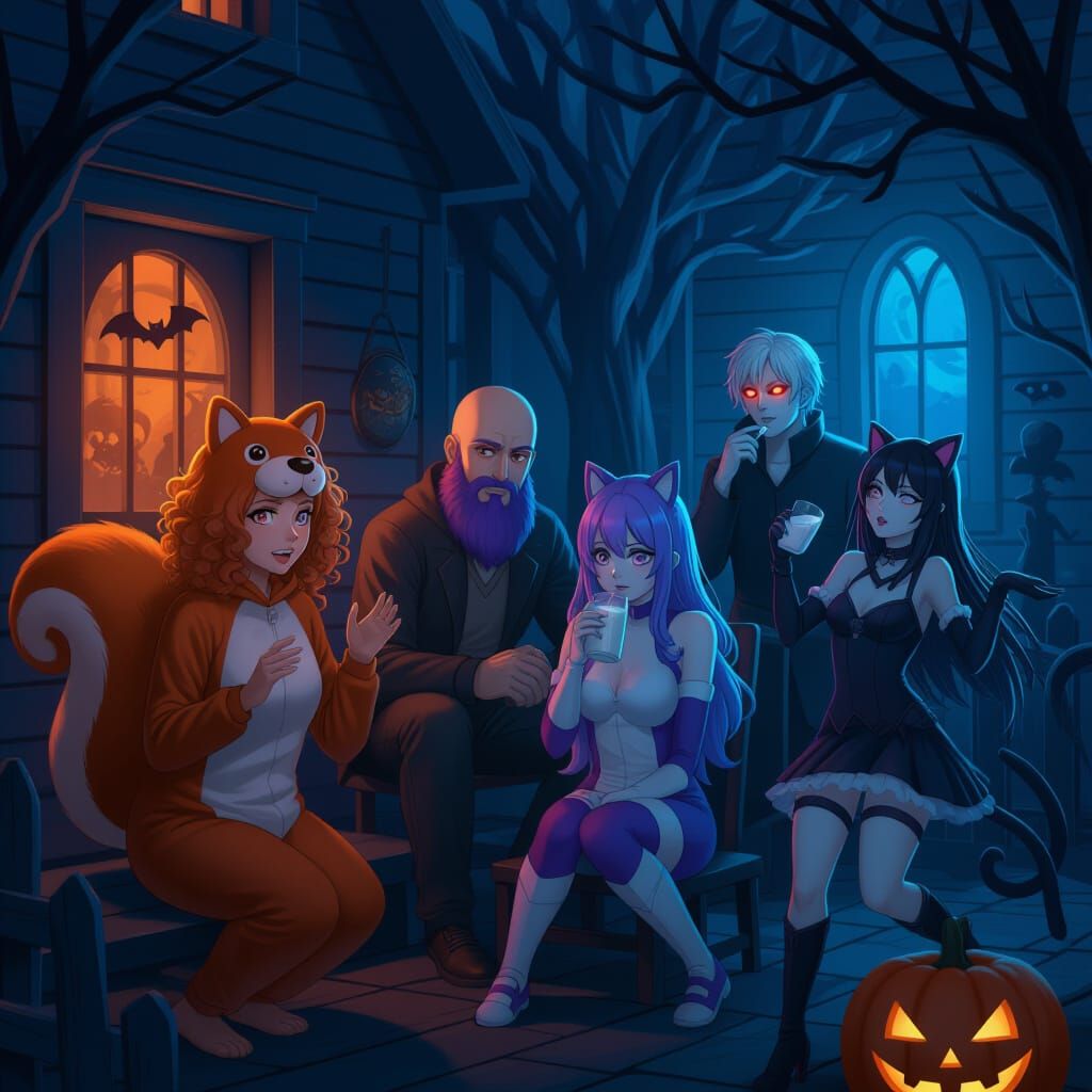 Eerie Anime Haunted House with Surreal Characters