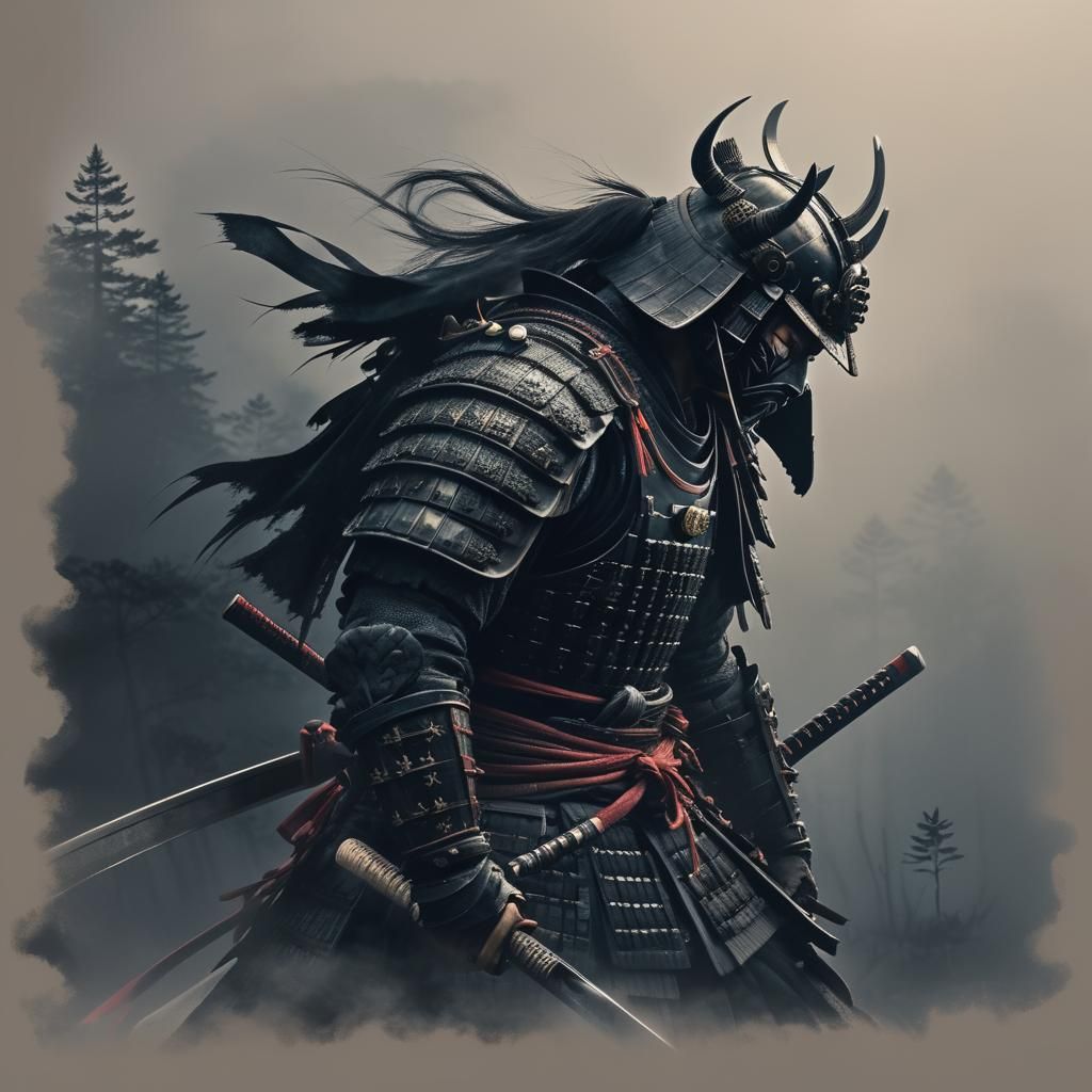Dark Fantasy Samurai in Misty Forest
