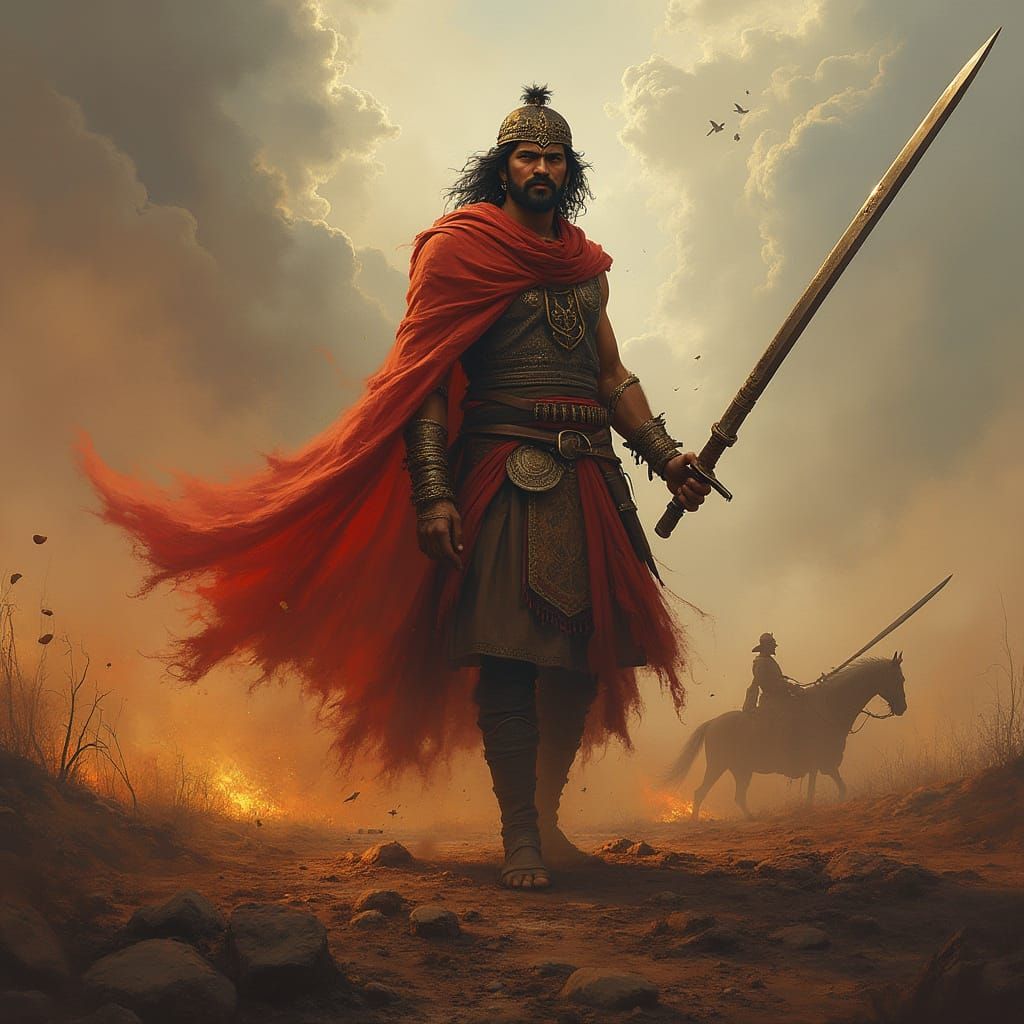 Duryodhana's Worried Expression on Dystopian Battlefield